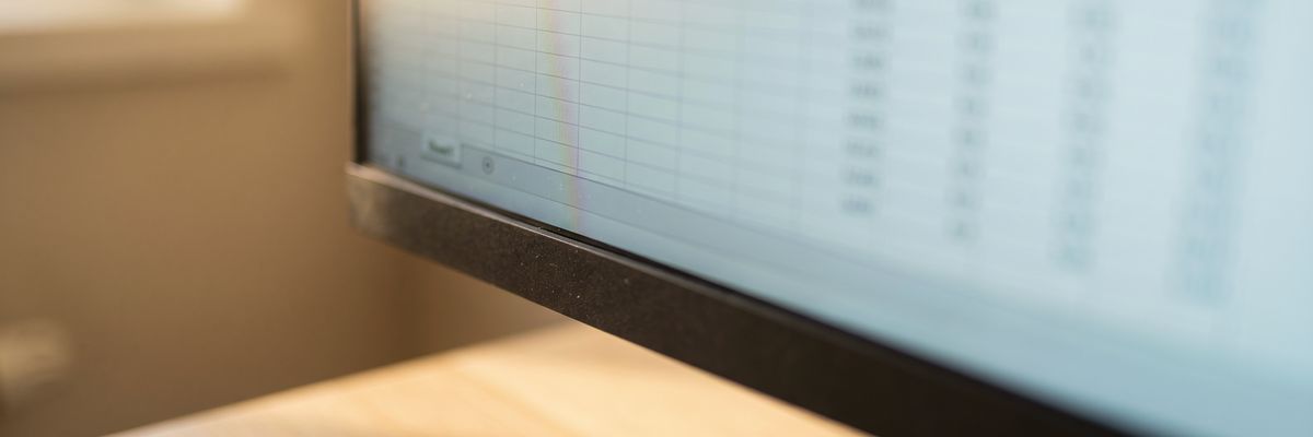 The lower edge of a computer monitor showing a blurred, illegible grid of spreadsheet rows.